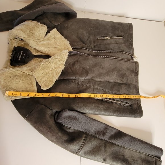 River Island Women's Faux Suede and Fleece Bomber Jacket, Blk/Beige, Size 10 - Picture 5 of 11